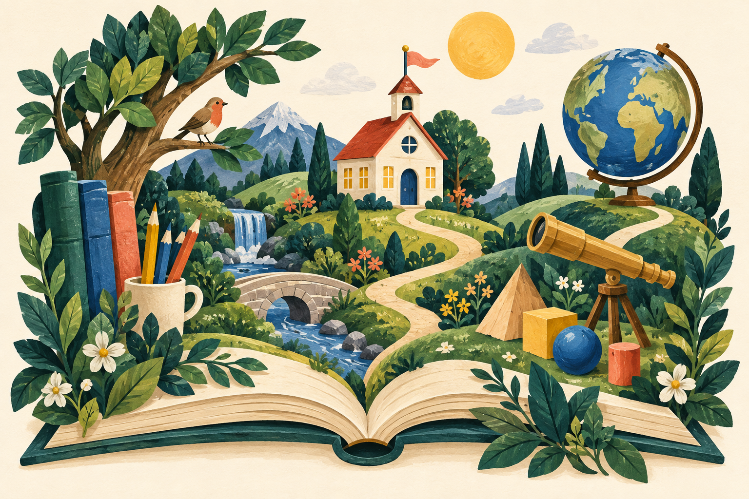 An illustrated learning garden with an open book, schoolhouse, telescope, globe and winding paths.