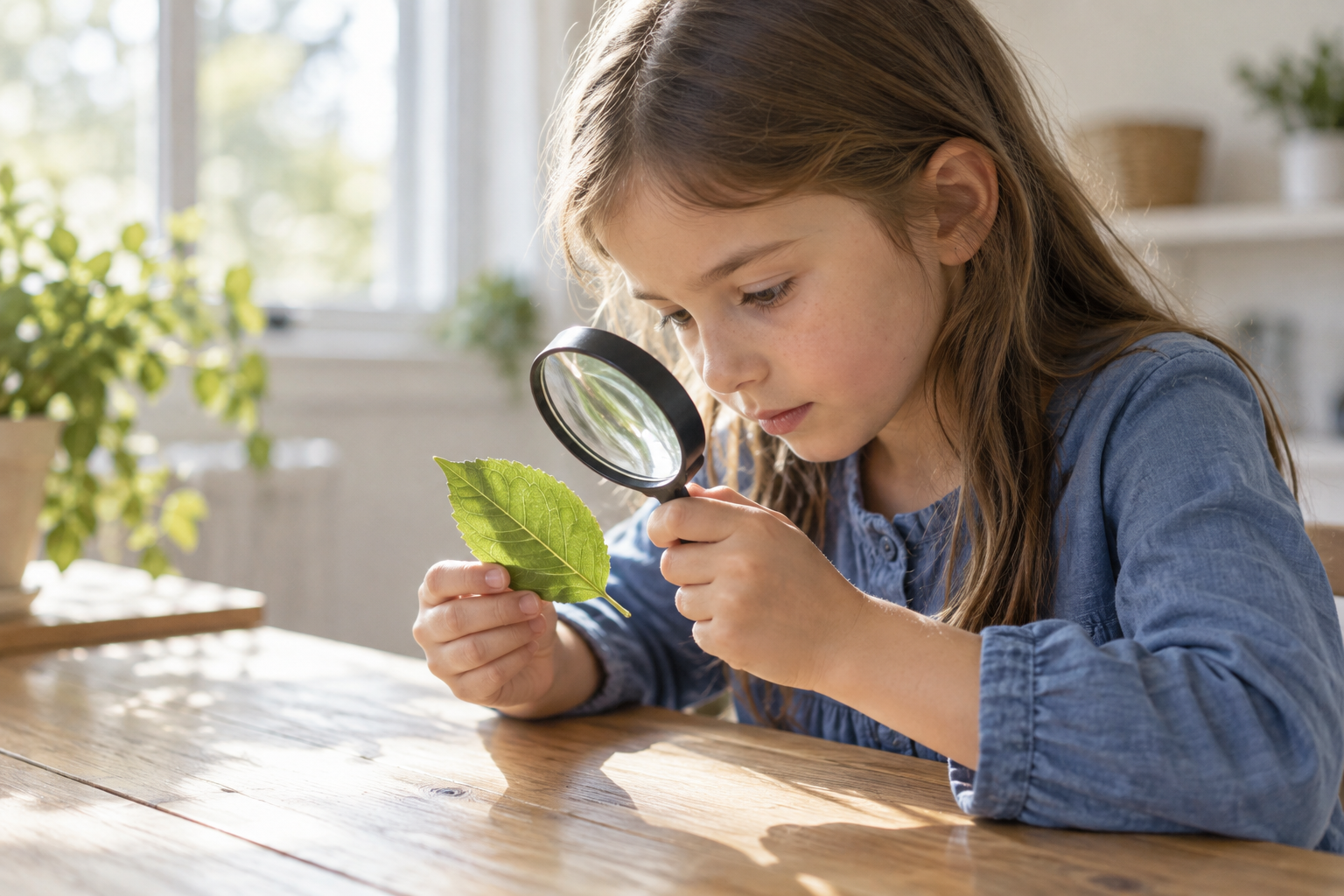 A child examines a green leaf with a magnifying glass at a sunlit table.