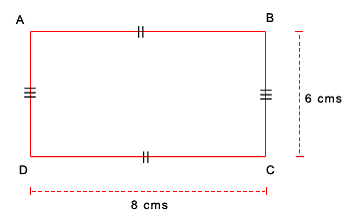 Rectangle ABCD with the long side labeled 8 cm and the short side labeled 6 cm