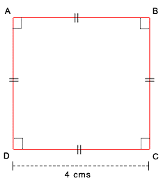 Square ABCD with one side labeled 4 cm and right angle marks at each corner