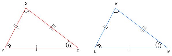 Triangles XYZ and KLM with matching tick marks on sides and matching arcs on angles