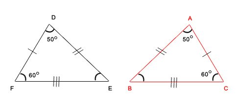 Two congruent triangles with angles of 50 degrees and 60 degrees marked and matching tick marks on the sides