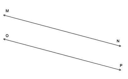 Two straight lines crossing at a single labeled point of intersection