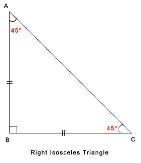 Right isosceles triangle with both 45 degree angles and equal legs marked