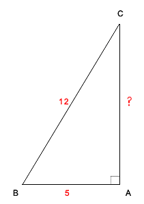Right triangle with two side lengths given and the third marked unknown