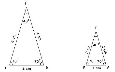 Two polygons of different sizes with matching angles and proportional sides marked