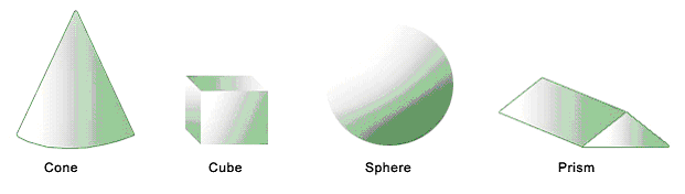 Several three-dimensional solids shown together for comparison